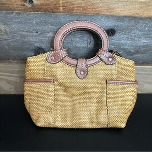 Fossil Woven Rattan Crossbody Handbag Beach Bag Leather Strap Handbag Brown